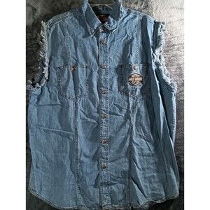 Harley Davidson V Twin Power Denim Vest Shirt Mens XL Sleeveless Snap Button Up